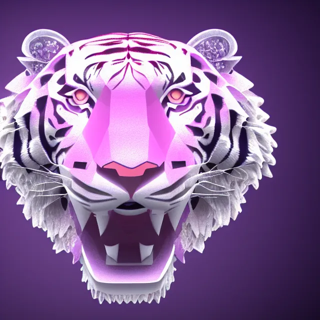 Image similar to 4 k magical realism render of a gigantic tiger head made of crystaline rose quartz, symetrical features.