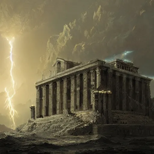 Image similar to the holy castle of Zeus, electrified, lightning-based, with statues, hyperdetailed, artstation, cgsociety, by greg rutkowski, by Gustave Dore, Deviantart