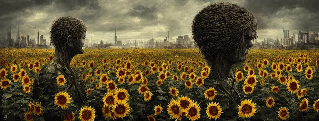 Prompt: old soldiers head being overgrown by sunflowers, Minsk and Moscow in background, dark, eerie, despair, portrait photography, artstation, digital art, adward winning, concept art, artstation, highly detailed, sharp focus, by caravaggio