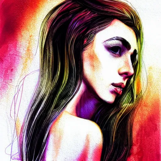 Image similar to bemused to be in jail portrait of an italian actress looking straight on, complex artistic color ink pen sketch illustration, full detail, gentle shadowing, fully immersive reflections and particle effects, concept art by artgerm