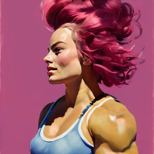 Prompt: greg manchess portrait of margot robbie as thick very muscular weightlifter zarya from overwatch with ponytail and curly pink hair, eyes closed, medium shot, asymmetrical, profile picture, organic painting, sunny day, matte painting, bold shapes, hard edges, street art, trending on artstation, by huang guangjian and gil elvgren and sachin teng