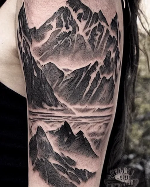 Prompt: double exposure effect tattoo design sketch of megan fox with beautiful mountains, realism tattoo, in the style of andrey lukovnikov, amazing detail, sharp