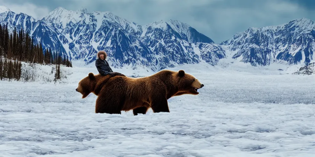 Image similar to bob ross riding on the back of a brown bear in alaska, outdoor, hyperrealistic, shutterstock contest winner, national geographic photo, stockphoto, majestic