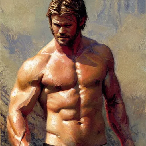 Image similar to Chris Hemsworth with a flabby body type, painting by Gaston Bussiere, Craig Mullins