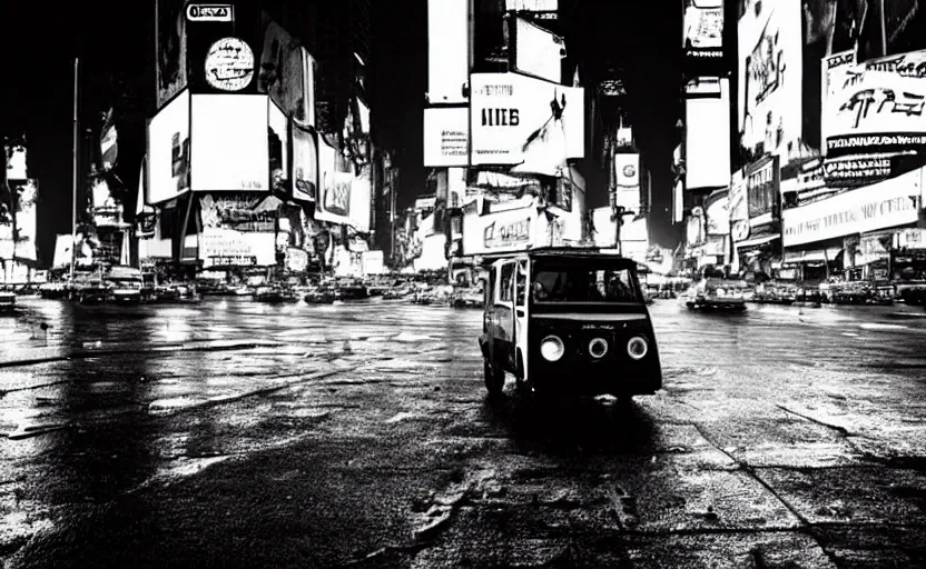 Prompt: a tuk tuk in times square at night, blade runner 1 9 8 2 city, futuristic dystopian city, falling rain, neon, industrial fires and smog