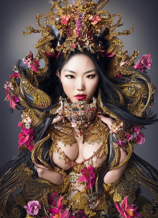 Image similar to expressive full body photo of an asian female model, ornate headpiece made from flowers, ornaments, glamour shot, by karol bak, by stefan gesell, photorealistic, canon r 3, fashion photography, hyper maximalist, elegant, ornate, luxury, elite, environmental portrait, symmetrical features, octane render, unreal engine, solid dark grey background, dramatic lights