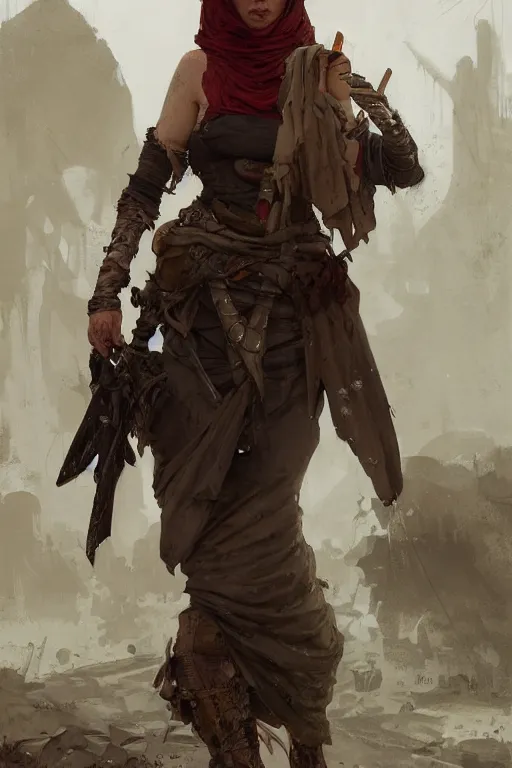 Image similar to a full body portrait of a beautiful post apocalyptic offworld rogues quarter bedouin blind pulp fiction scarlet wild rogue barbarian leper begging by the roadside, intricate, elegant, highly detailed, digital painting, artstation, concept art, smooth, sharp focus, illustration, art by krenz cushart and artem demura and alphonse mucha