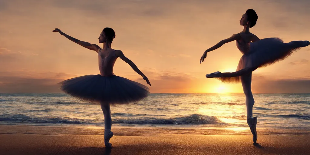 Image similar to a beautiful ballet dancer on a beach at sunrise, cinematic angle, studio Ghibli, volumetric lighting, breathtaking, beautiful composition, intricate, elegant, digital art, detailed, oil painting, hyperrealistic, sharp focus, 8k