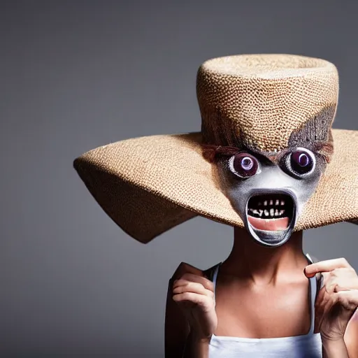 Image similar to living hat with eyes and teeth at brim of base, funny professional photo