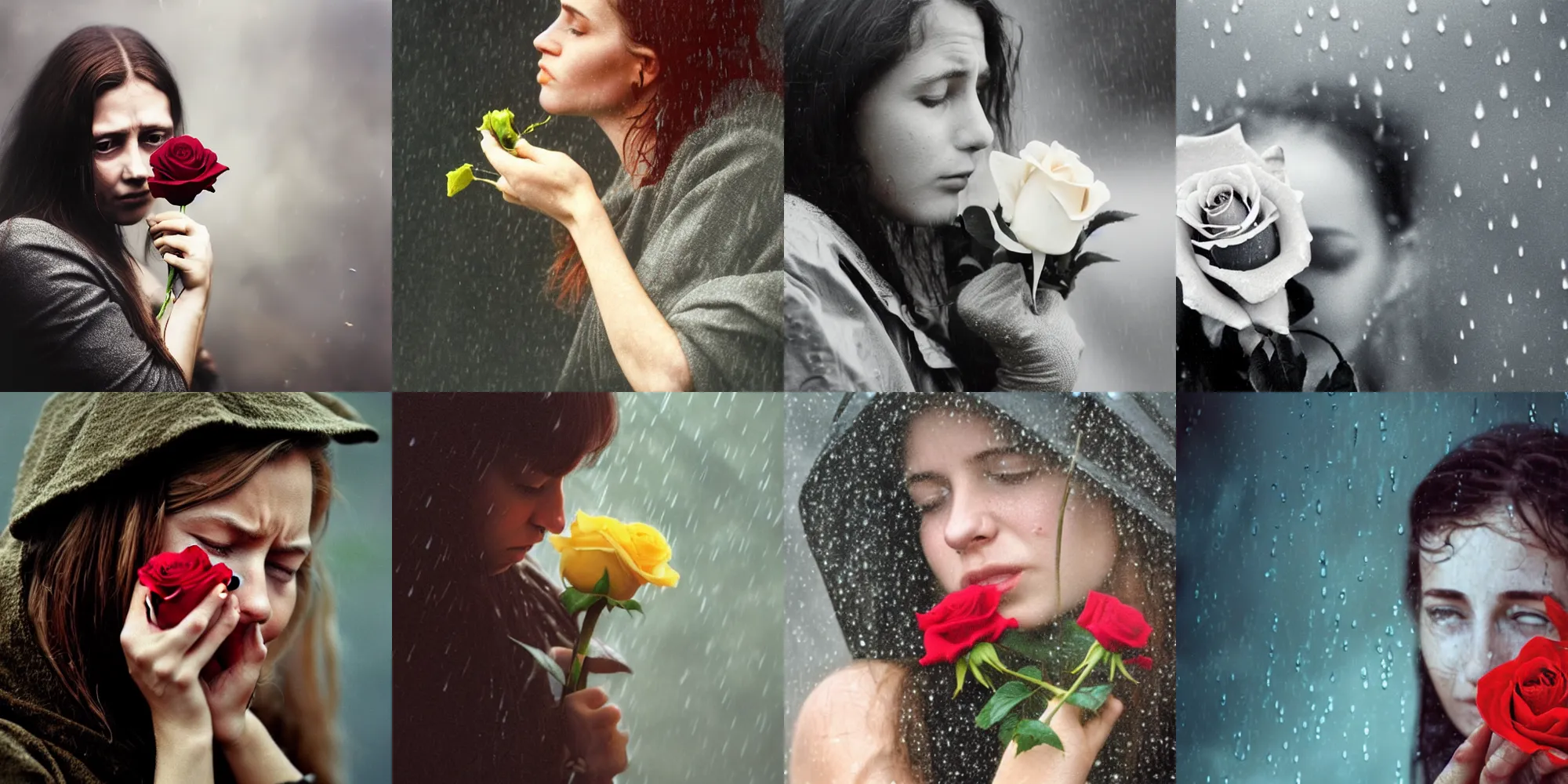 Prompt: a close - up of a young woman clutching a small rose in the rain!!, photorealistic, crying, photo by annie leibovitz, moody