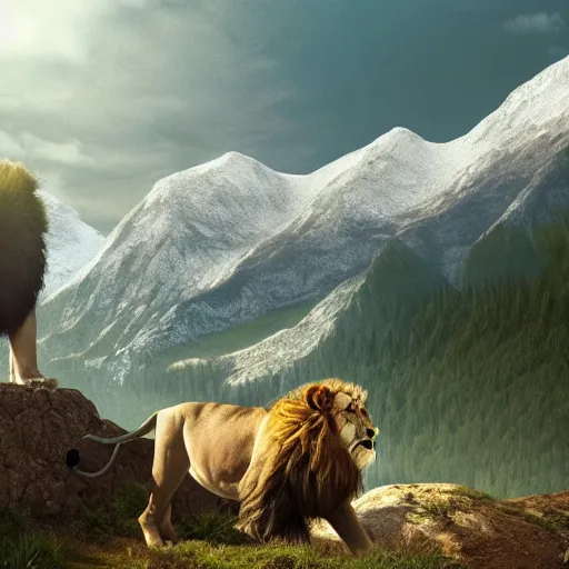 Prompt: a beautiful photo of lion roar on mountain, hyper realistic, natural light, concept art, cozy, atmospheric and cinematic lighting