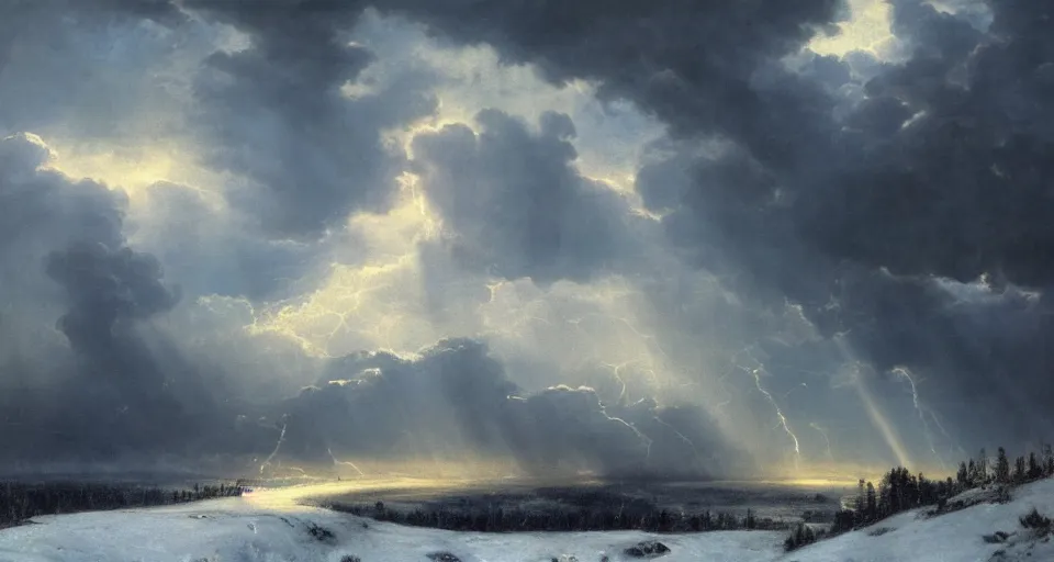 Image similar to heaven!! clouds!! god rays, snowy, windy, by eugene von guerard, ivan shishkin, night, lightning!!, storm!, dramatic lighting, concept art, trending on artstation, 8 k