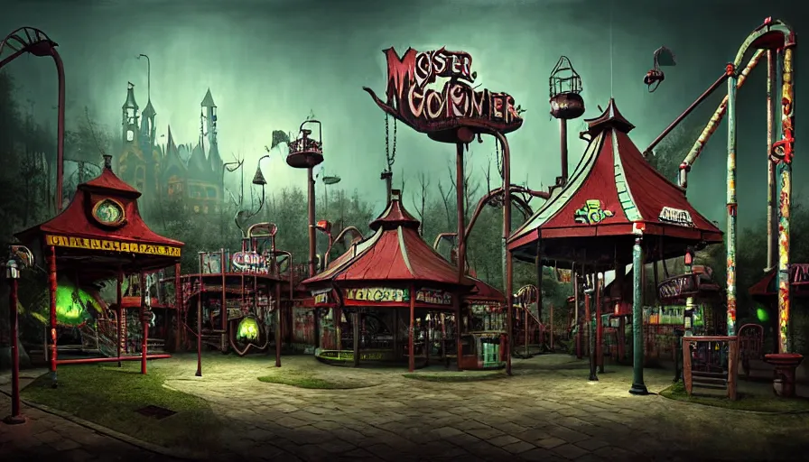 Image similar to michal karcz grunge painting of an amusement park, monster and horror theme. Monster-themed Minigolf and whack-a-mole monster theme, detailed, elegant, intricate, 4k,