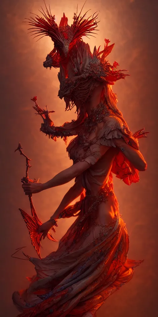 Image similar to A beautiful detailed 3d tarot card figure by ellen jewett, tomasz alen kopera and Justin Gerard red torn fabric, radiant colors, fantasy, trending on artstation, volumetric lighting, micro details, 3d sculpture, ray tracing, 8k