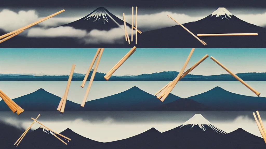 Image similar to a variety of handmade wooden chopsticks, avant - garde design, at the edge of yamanaka lake reflecting mount fuji overcast sky, a collage painting, in the style of wes anderson, lola dupre, david hockney, isolated on negative white space background dark monochrome neon spraypaint accents volumetric octane render