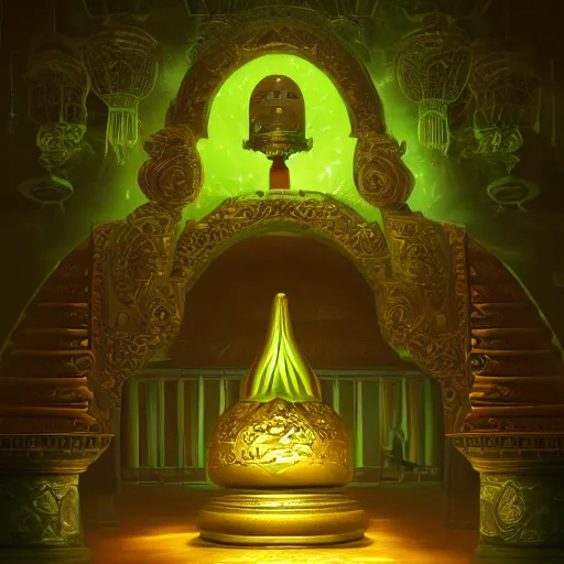 Image similar to a green avocado armchair in the center of golden ancient temple, illuminated by narrow light beam , fantasy illustration, trending on artstation, deviantart, very realistic, 4k