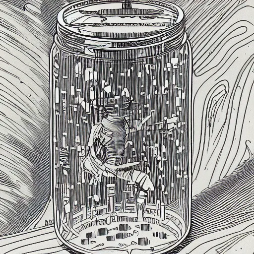 Image similar to a whole civilisation developed inside a jar. Highky detailed illustration Moebius