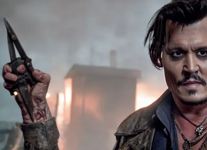 Image similar to Johnny Depp playing Ash Williams in Ash vs Evil Dead, film still, 4k