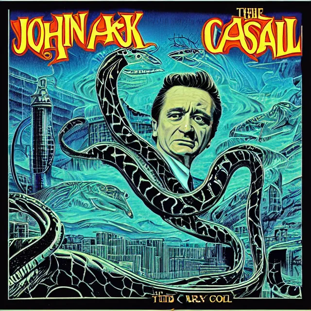 Image similar to album cover for Johnny Cash: The Snake Oil Tapes, album art by Ron Walotsky, snake oil album, snakes, no text