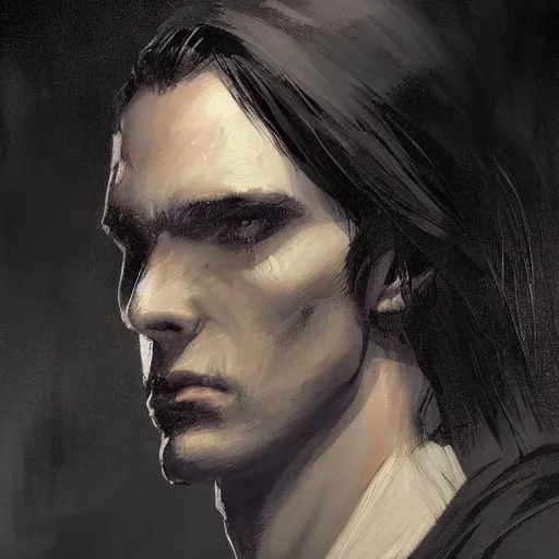 Prompt: portrait of a man by greg rutkowski, he looks like a vampire, long black messy hair, very tall and slender, star wars expanded universe, wearing black robes, he is about 3 0 years old, highly detailed portrait, digital painting, artstation, concept art, smooth, sharp foccus ilustration, artstation hq
