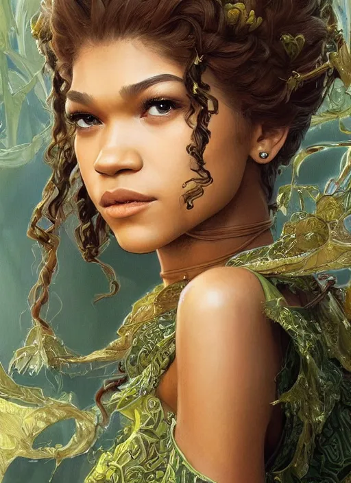 Image similar to beautiful young zendaya as tiana princess, closeup, d & d, fantasy, intricate, elegant, highly detailed, digital painting, artstation, concept art, matte, sharp focus, illustration, art by artgerm and greg rutkowski and alphonse mucha