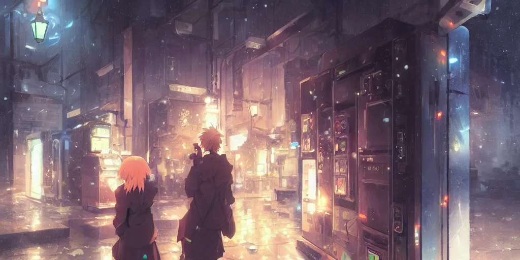 Image similar to anime kyoto animation key by greg rutkowski night, vending machine