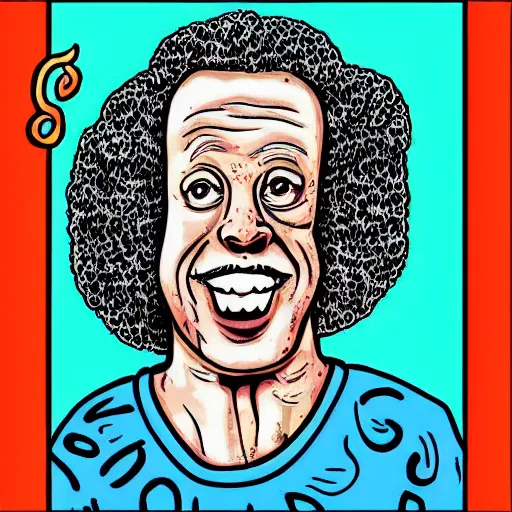 Prompt: “portrait of Richard Simmons in the style of Robert crumb”