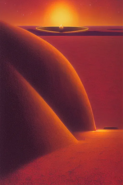 Image similar to emissary deep space by arthur haas and bruce pennington and john schoenherr, cinematic matte painting, zaha hadid and james turrell building, photo realism, dark color palate, golden hour stars, desolate desert landscape,