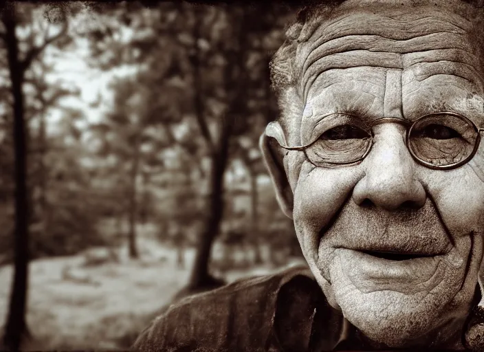 Image similar to old retro burnt out sepia photograph with scratches of an old and wrinkled man biting into a golden coin with his teeth. magical forest in the background with bokeh. Antique. High quality 8k. Intricate. Sony a7r iv 35mm. Award winning.