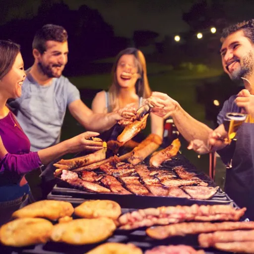 Image similar to a photo of some argentine friends eating a barbecue at night