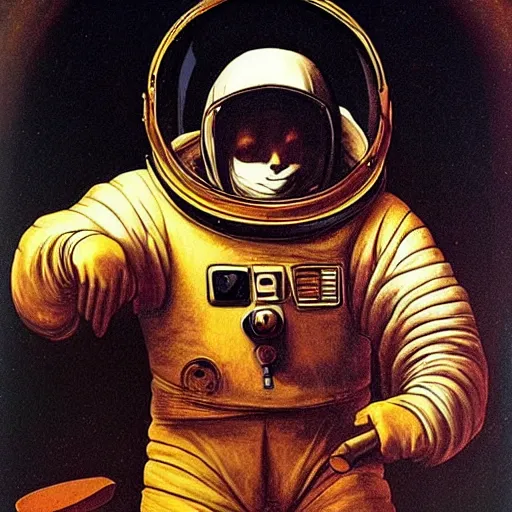 Prompt: a astronaut holding a knife in space, painted by da Vinci