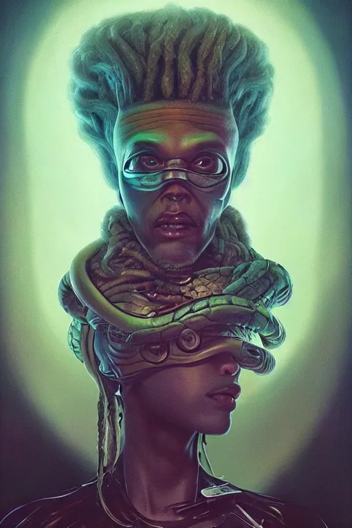 Image similar to portrait of an alien king with dreads snake hair, straight on portrait, by artgerm, tom bagshaw, gerald brom, vaporwave colors, lo fi colors, vaporwave, lo fi, 2 point studio lighting, dramatic lighting, 4 k, hd,