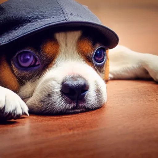 Prompt: Photograph of a puppy wearing a baseball cap