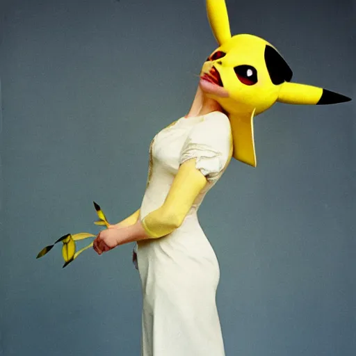 Image similar to elegant woman dressed up as pikachu, art photo by Annie Liebovitz and Alphonse Mucha