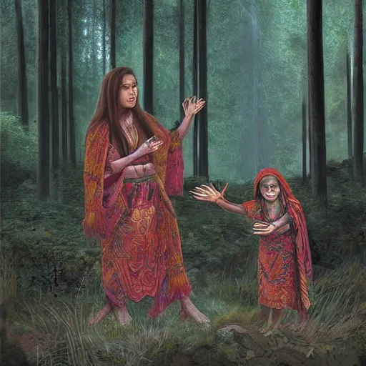 Prompt: chaman woman and her daughter making a ritual in the forest, digital art, highly detailed faces, leesha hanniga