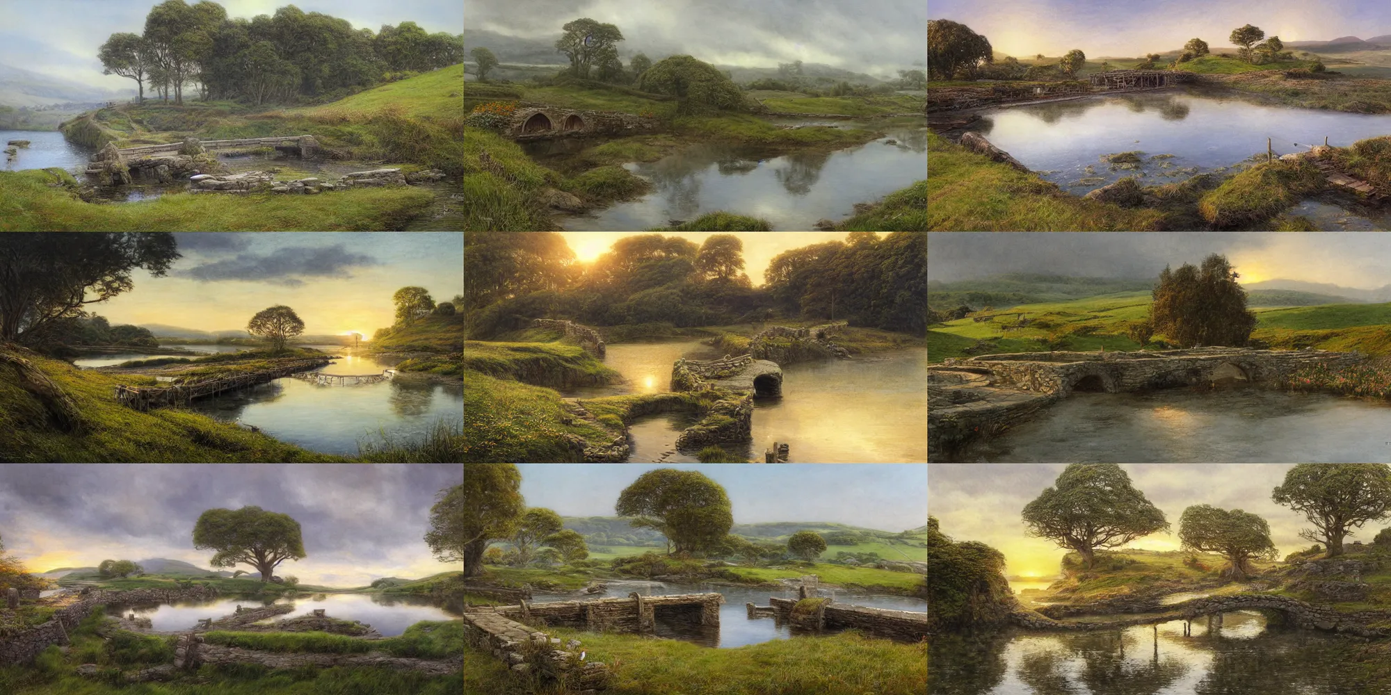 Prompt: bucklebury ferry, a old stone pier and a wooden ferry are visible, by alan lee, mirror like water, rolling hills and hobbit holes in the background, sunrise, concept art, detailed trees in bloom, art station, oil painting