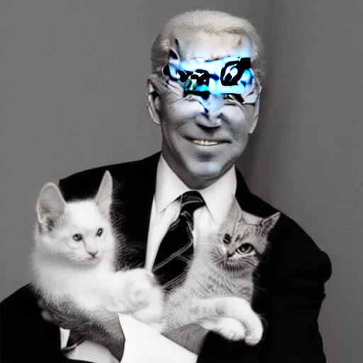 Image similar to a dramatic shot of joe biden holding a kitten