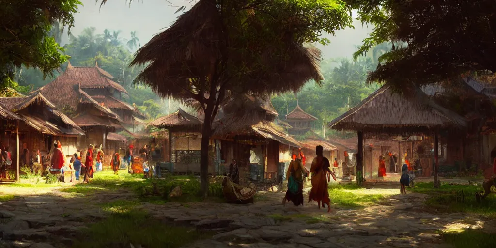 Image similar to kerala village, sharp focus, wide shot, trending on ArtStation, masterpiece, by Greg Rutkowski, by Ross Tran, by Fenghua Zhong, octane, soft render, ultrarealistic, colorful, cinematic