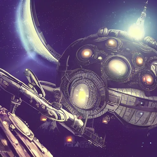 Image similar to steampunk futuristic spaceship, space, stars, moon, extremely detailed, particles, steam, cinematic lighting, anime, studio ghibli, cyberpunk, retro, reflective,