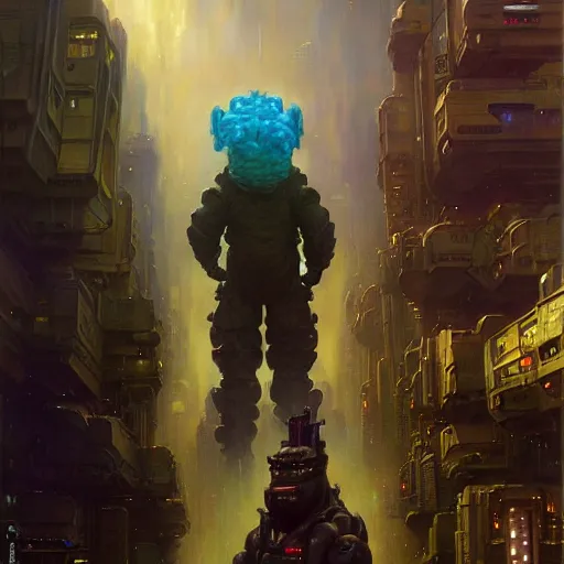 Image similar to portrait sulley from monsters inc. spaceship futuristic city. shadowrun cyberpunk fantasy painting by pixar gaston bussiere craig mullins jc leyendecker gustav klimt artgerm greg rutkowski john berkey, bergey, craig mullins, ruan jia, raymond swanland, tom lovell