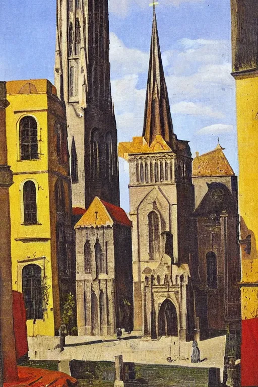 Image similar to a painting by max ernst of a medieval town square with a looming cathedral