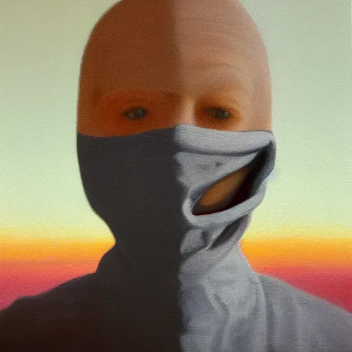 Image similar to the healing of a metaphorical man, white balaclava, healing, appeasing, infinite urban desert, a city made of sand, mental health, minimalist, oil painting, by francis bacon, emotional conflict, hd, 8 k, trending on artstation, paradoxal, perfect framing, neo - expressionism, expressive