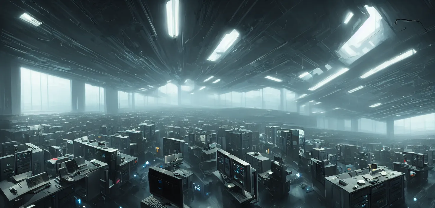 Image similar to computers, wired in, in a highly detailed server room with computers everywhere, cinematic view, epic sky, detailed, concept art, low angle, high detail, warm lighting, volumetric, godrays, vivid, beautiful, trending on artstation, by jordan grimmer, huge scene, art greg rutkowski