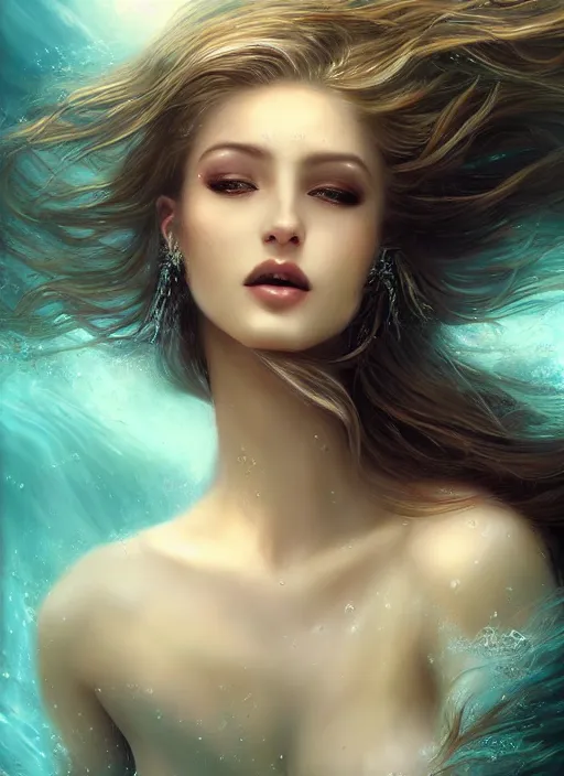 Image similar to a beautiful woman underwater mermaid, 8 k, sensual, hyperrealistic, hyperdetailed, beautiful face, long hair windy, dark fantasy, fantasy portrait by laura sava