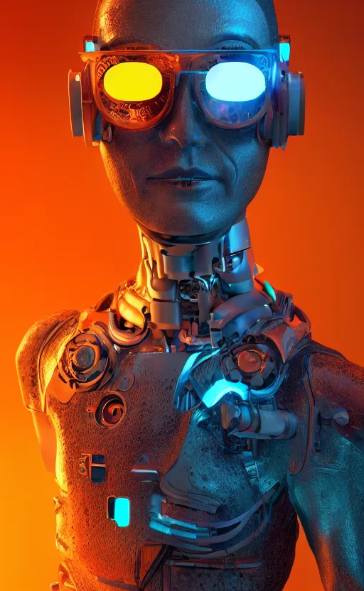 Prompt: a beautiful!! photo of a middle - aged!! bionic!! male!!, cyberpunk, augmented vision, volumetric light, photography, dystopian, extremely detailed, photorealistic!, stunning, digital art trending on artstation, orange, cyan, washed out colors
