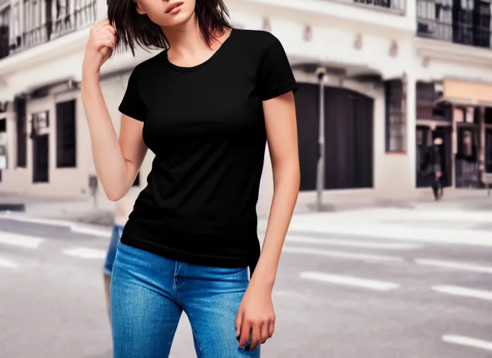 Image similar to clear photorealistic mockup product photograph of a blank black tshirt on an attractive female model in front of a lively street background