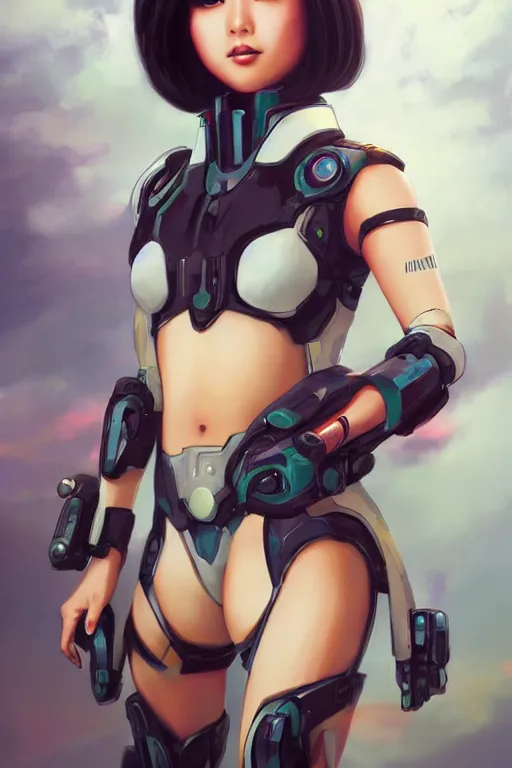 Prompt: a young attractive Asian woman piloting a mecha, in the style of Artgerm and Tom Bagshaw