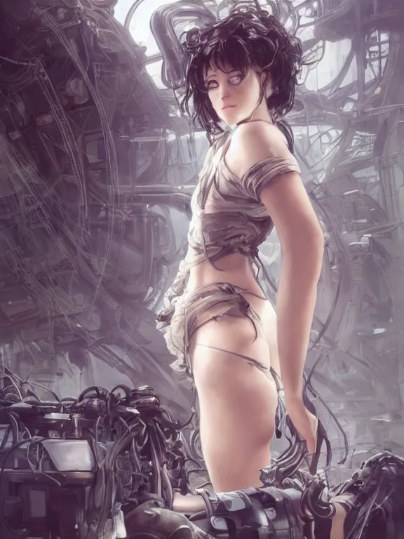 Image similar to full body picture of a biopunk powered suite girl looking at the camera, cynical, bored, being tired at war, beautiful and aesthetic, intricate, unreal engine, messy hair, highly detailed, detailed face, smooth, sharp focus, chiaroscuro, manga illustration, artgerm, greg rutkowski, alphonse mucha, young adult light novel cover art