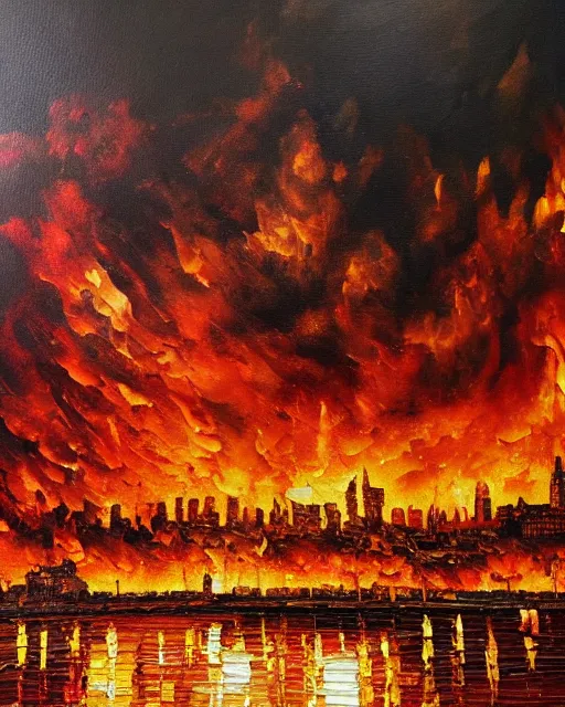 Image similar to oil painting landscape great fire of london, high production value, intricate details, high resolution, hdr, high definition, masterpiece, realistic, ultrarealistic, highly detailed, hd, sharp focus, non blurry, sharp, smooth