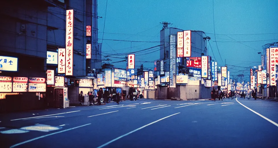 Image similar to blue hour in a japanese metropolis, shot on cinestill 5 0 d with a 3 5 mm lens aperture f / 8, dynamic composition, high camera angle, wide angle, full frame, full res, pinpoint sharp focus, hyper realistic